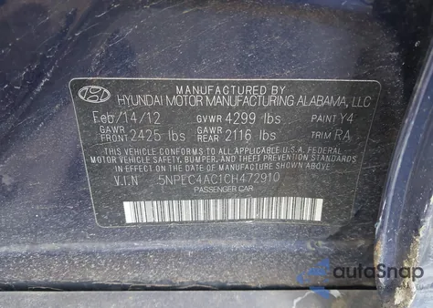 2012 Hyundai Sonata Se z USA, uszkodzony, nr VIN 5NPEC4AC1CH472910